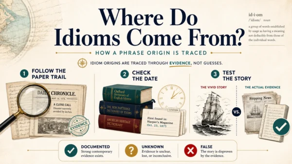 Editorial infographic showing that idiom origins are traced through evidence, dates, and source testing rather than vivid guesses.
