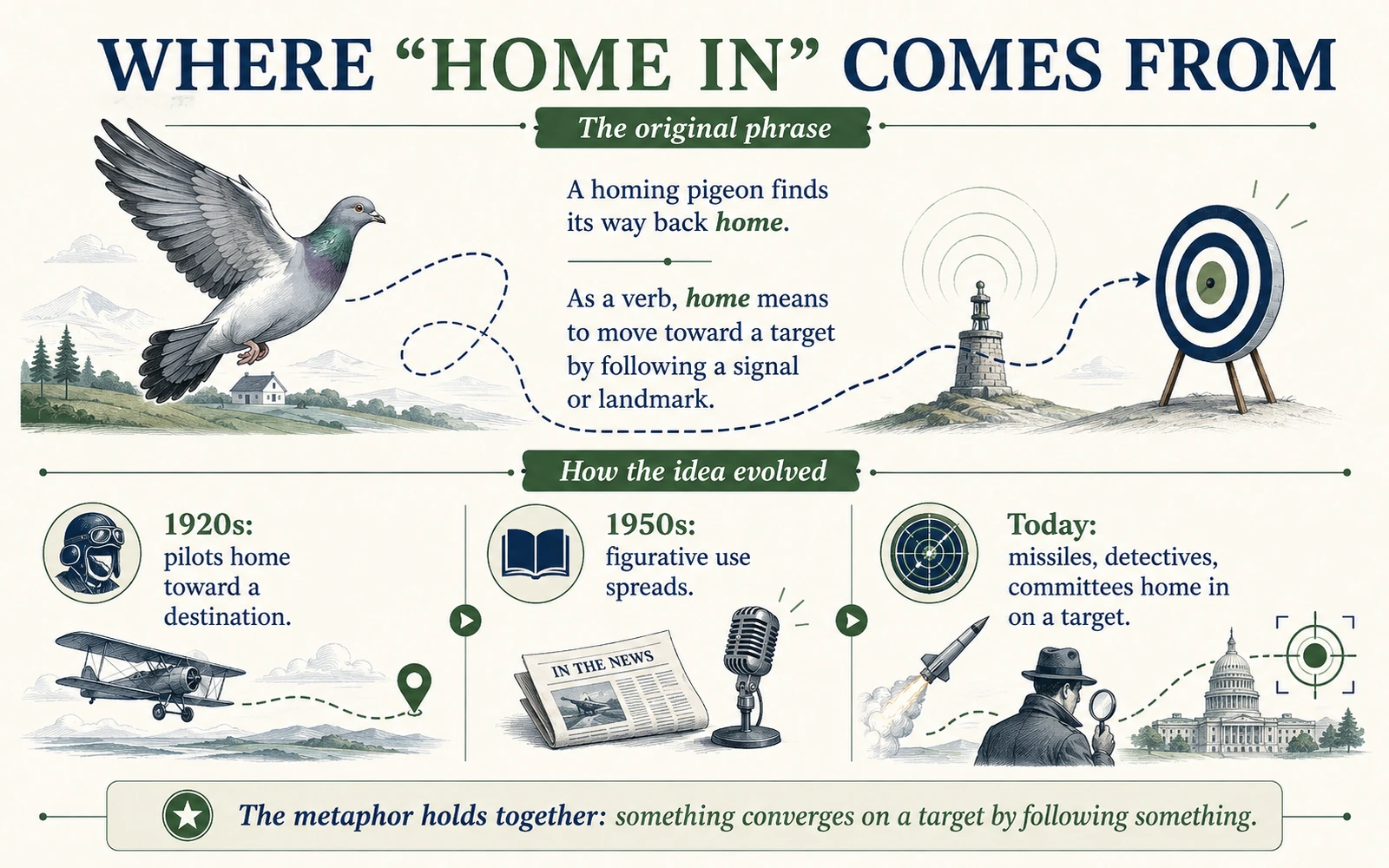 Infographic tracing home in from homing pigeons to 1920s pilots, 1950s figurative use, and modern uses involving targets and signals.