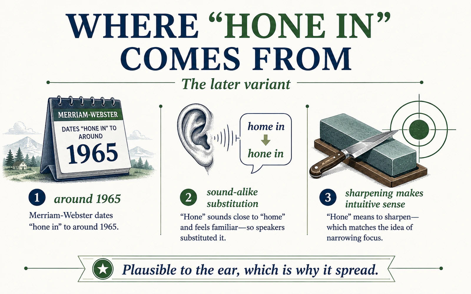 Infographic explaining the later hone in variant, dated around 1965, as a sound-alike substitution reinforced by the familiar sense of hone meaning sharpen.