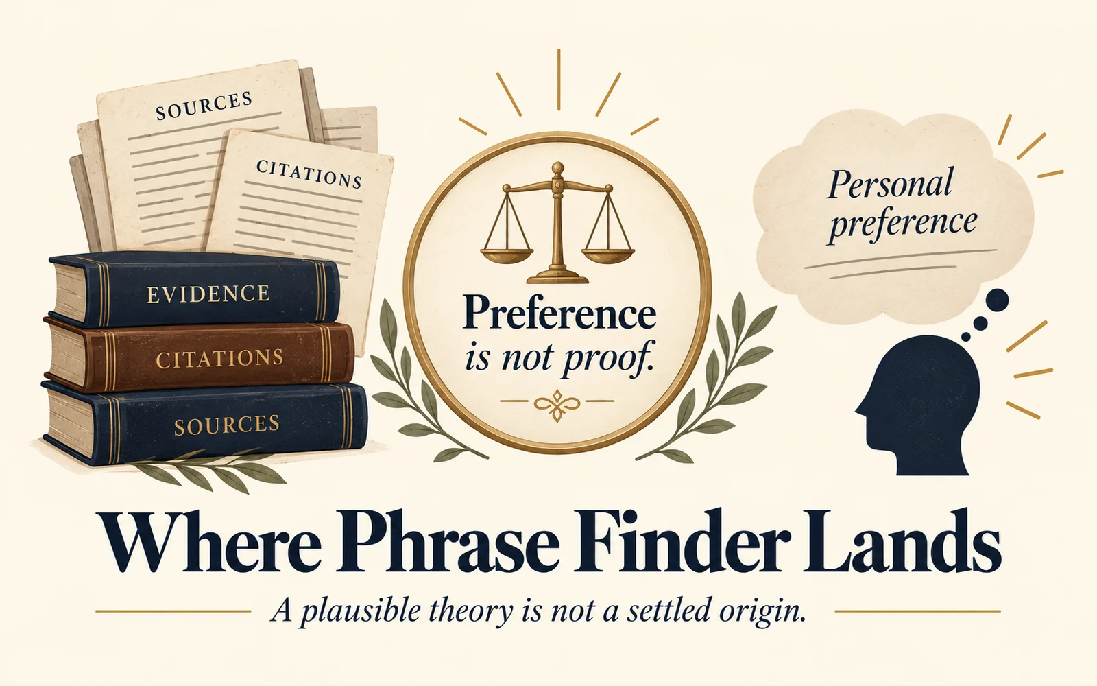 Editorial infographic showing that personal preference is not proof, clarifying how to read Phrase Finder’s refusal to choose among the theories.