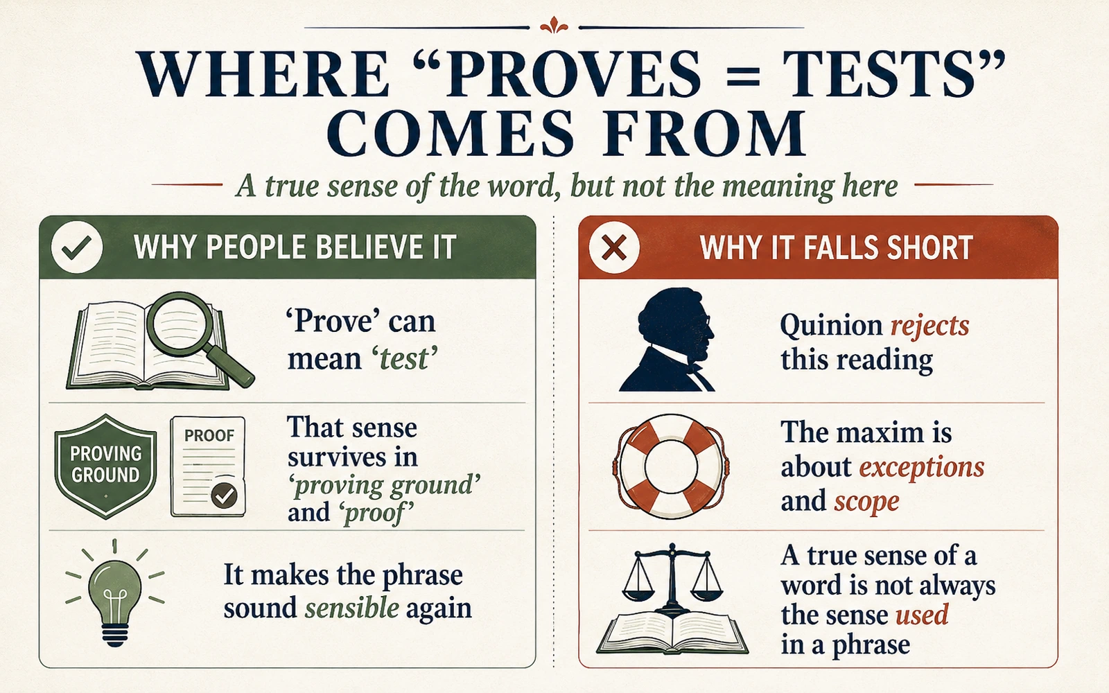 Infographic explaining that prove can genuinely mean test while showing why that true dictionary sense does not establish the meaning of the legal maxim.