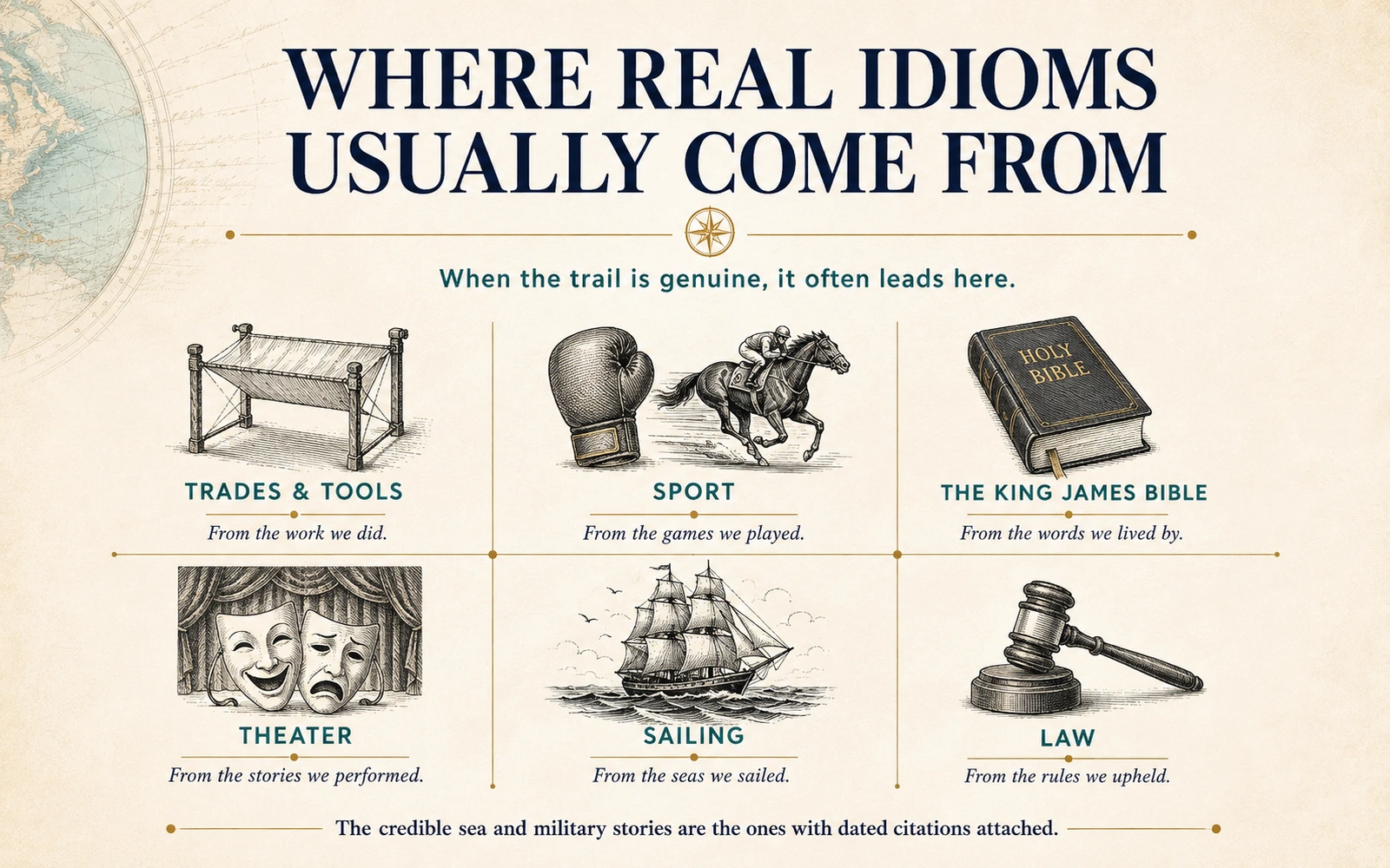 Illustrated grid showing common documented sources of idioms including trades and tools, sport, the Bible, theater, sailing, and law.