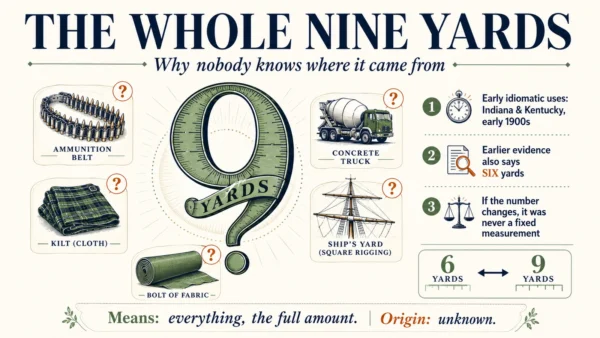 Featured infographic for the whole nine yards showing a large nine shaped like a measuring motif, several popular origin theories, and the conclusion that the origin is unknown.