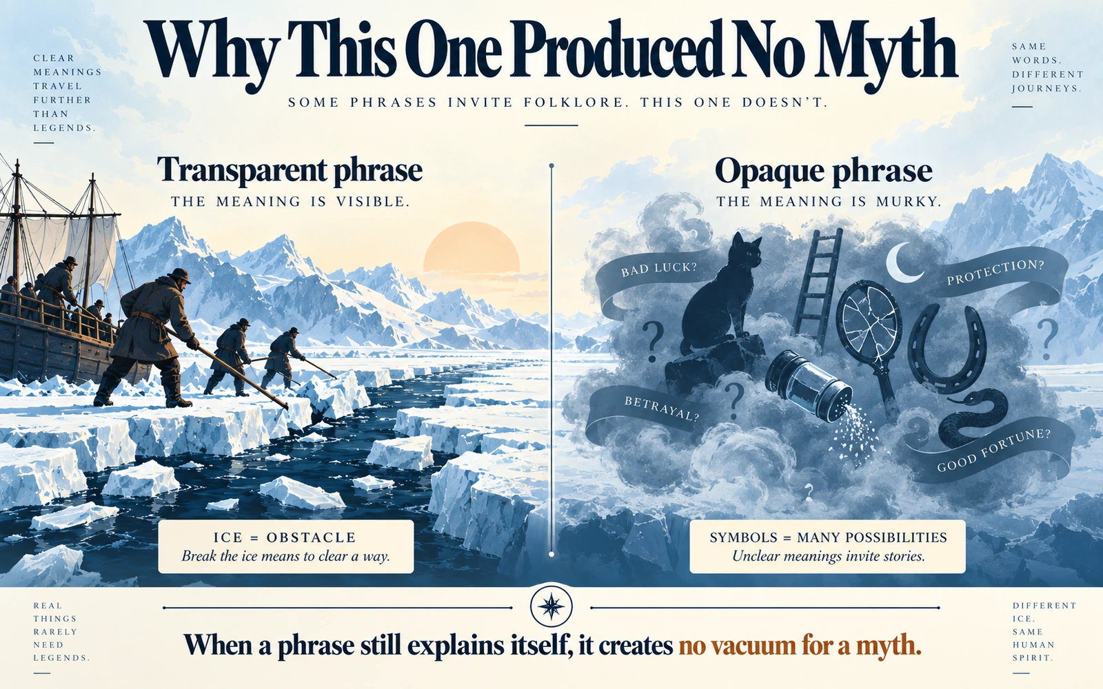 Minimalist comparison graphic showing transparent phrases versus opaque phrases, explaining why break the ice never needed a folklore rescue story.