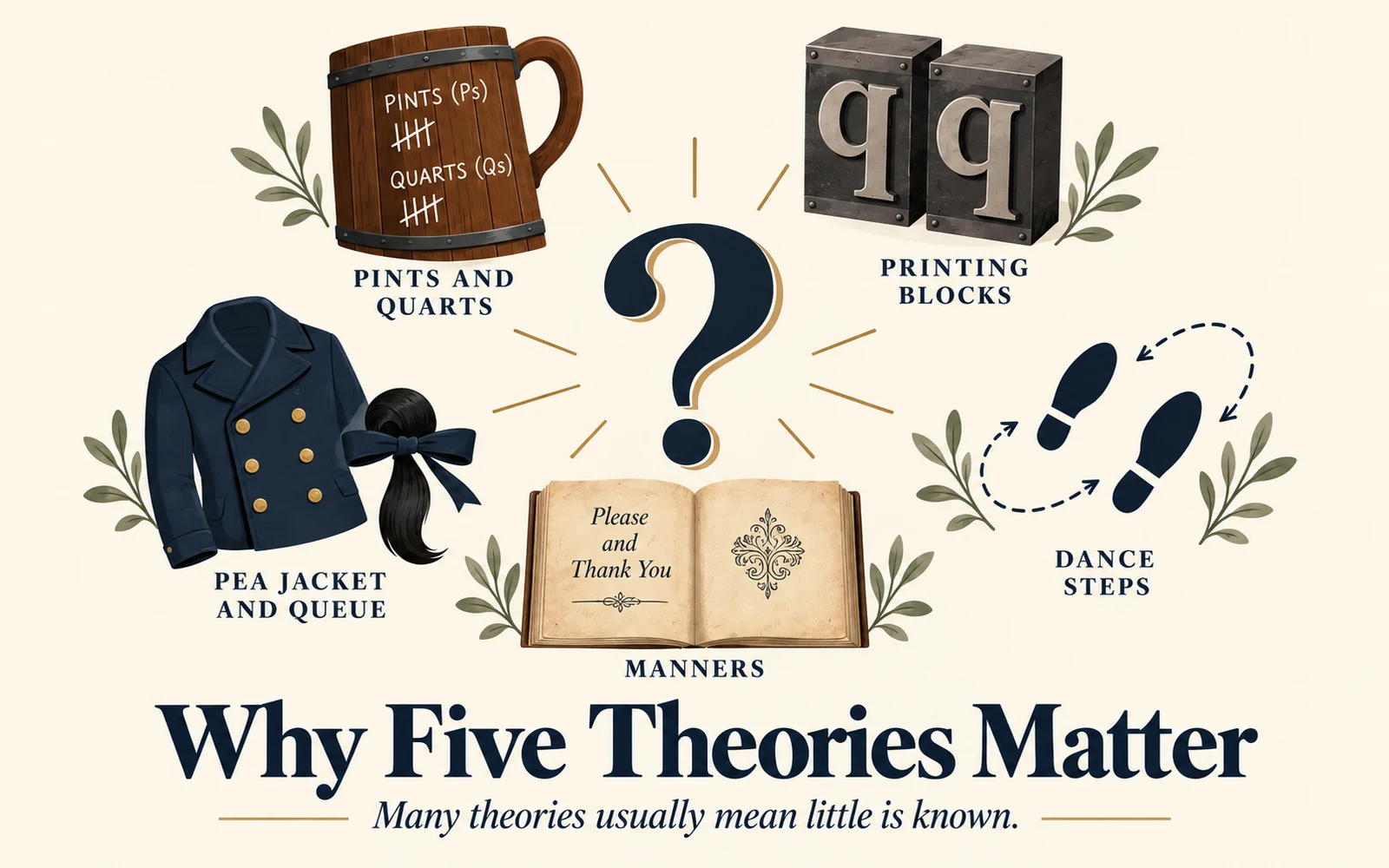 Minimalist editorial illustration explaining that many competing theories usually signal that little is actually known about a phrase’s origin.