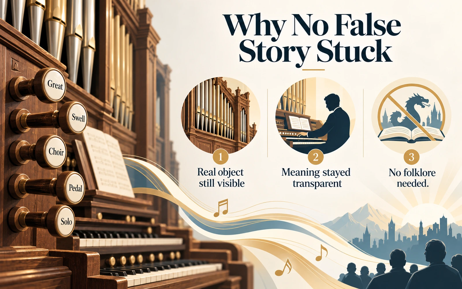 Infographic showing that pipe organs and their stops remain visible and understandable, so the phrase never needed a folklore explanation.