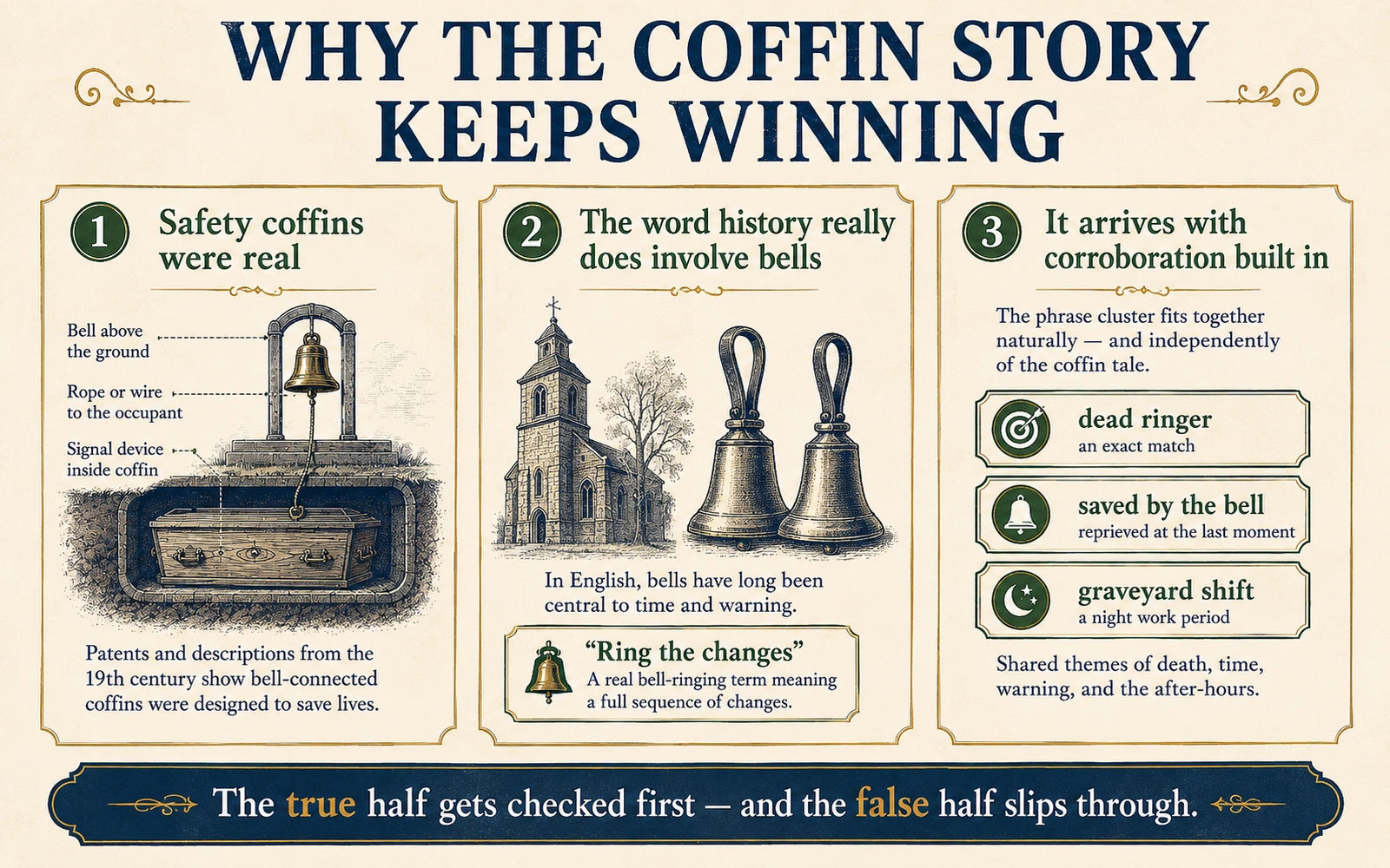 Three-part infographic explaining why the dead ringer coffin story feels convincing: safety coffins were real, bells really occur in the word history, and related myths reinforce one another.