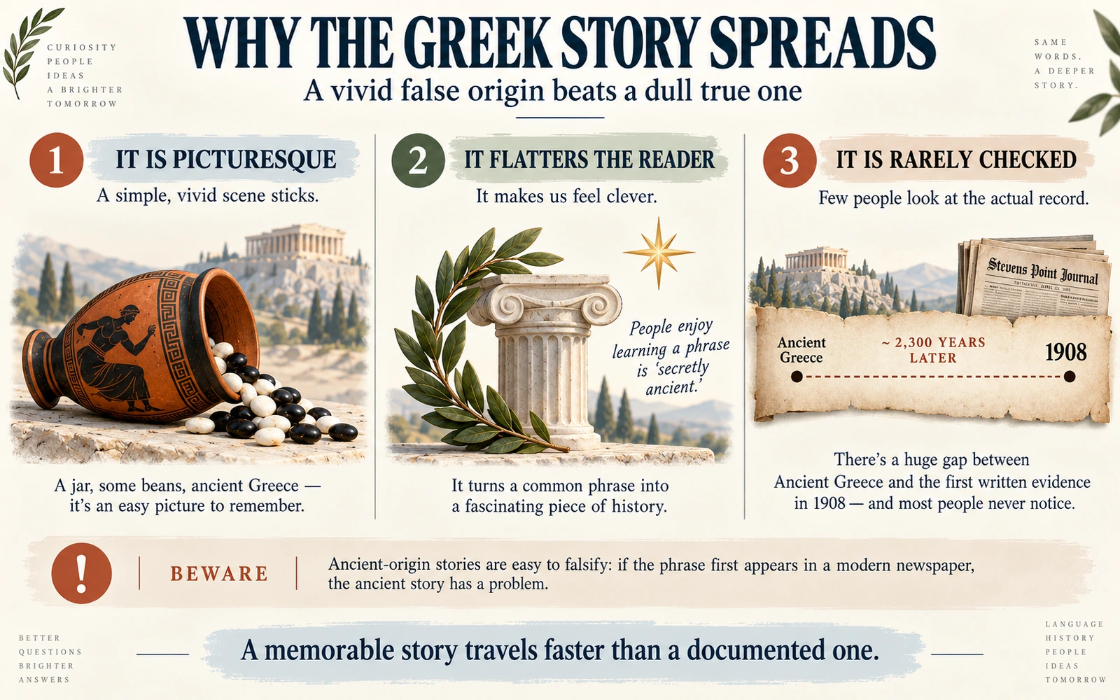 Three-part infographic explaining that the Greek voting story spreads because it is picturesque, flattering to the reader, and rarely checked against the modern citation trail.