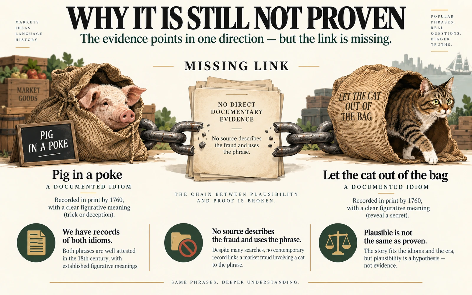 Evidence infographic showing the documented pig in a poke idiom and documented cat out of the bag idiom separated by a missing documentary link.