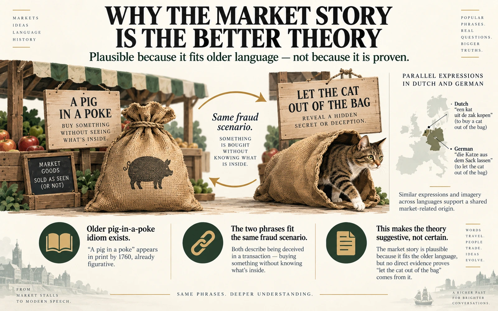 Market-themed infographic connecting a pig in a poke with let the cat out of the bag and showing why the two idioms make the market theory plausible without proving it.
