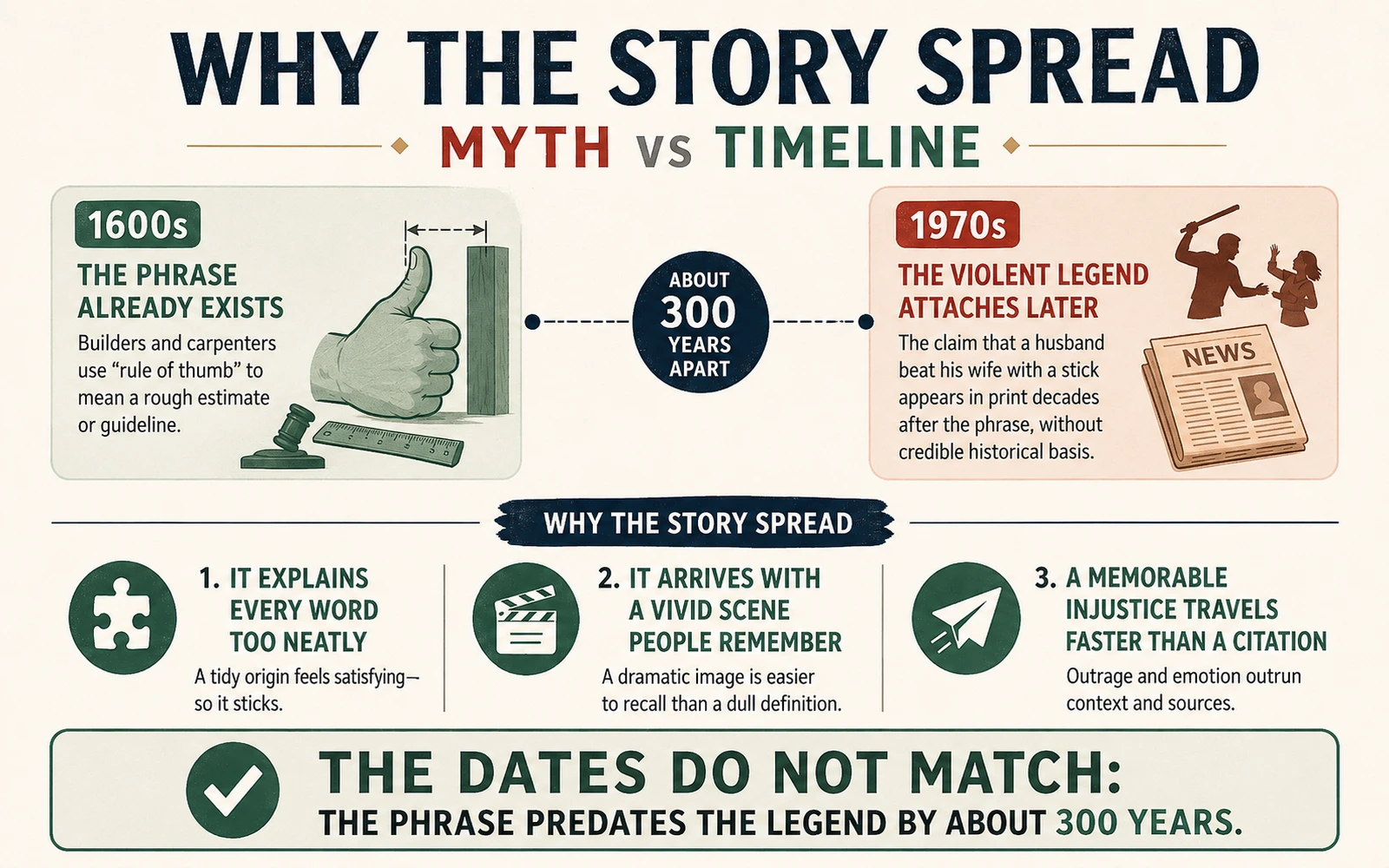 Myth versus timeline infographic showing that rule of thumb existed in the 1600s while the violent origin story attached in the 1970s, roughly three centuries later.
