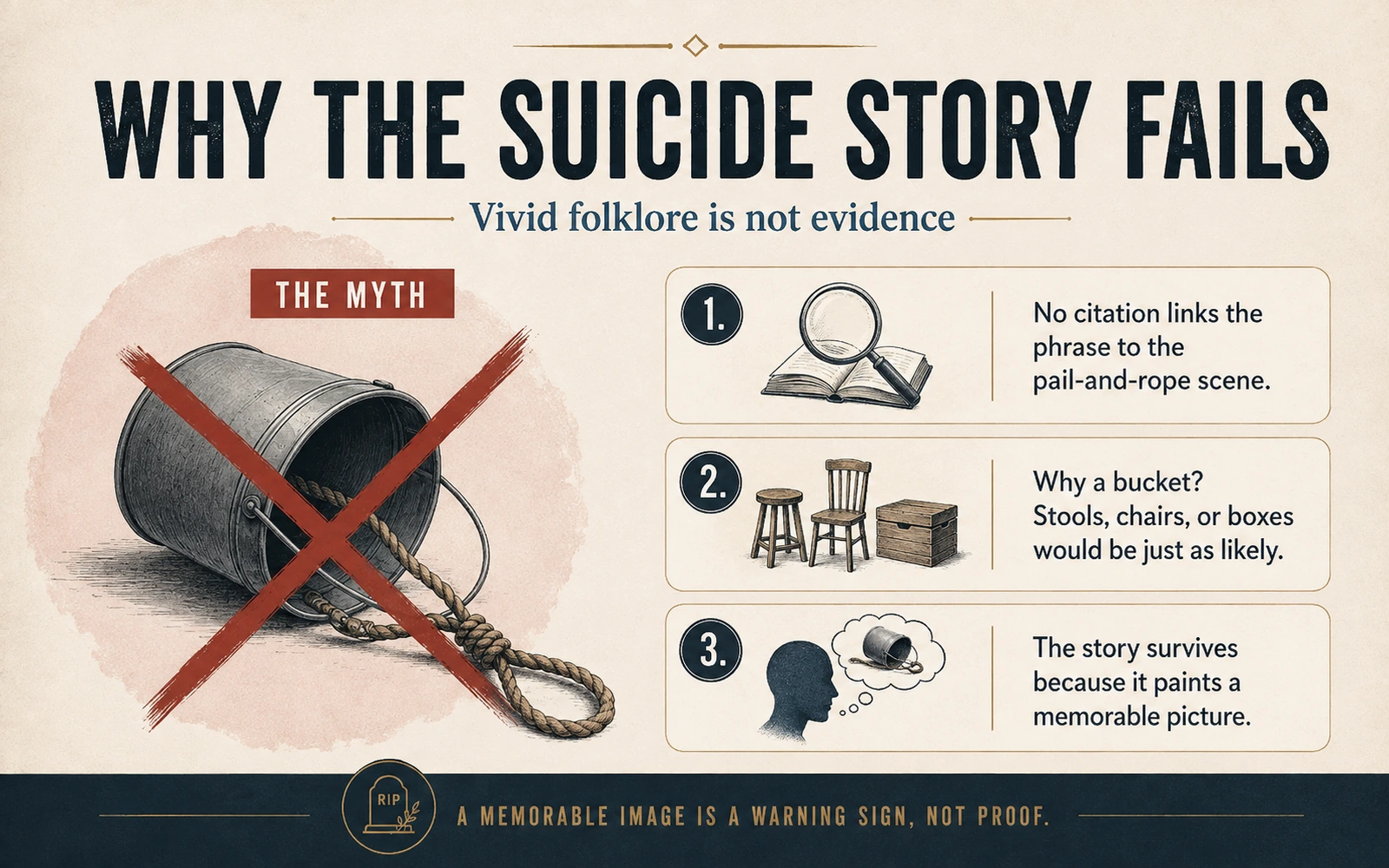 Myth-busting infographic showing three problems with the pail-and-rope suicide story behind kick the bucket: no citation, no reason for a bucket specifically, and vividness mistaken for evidence.