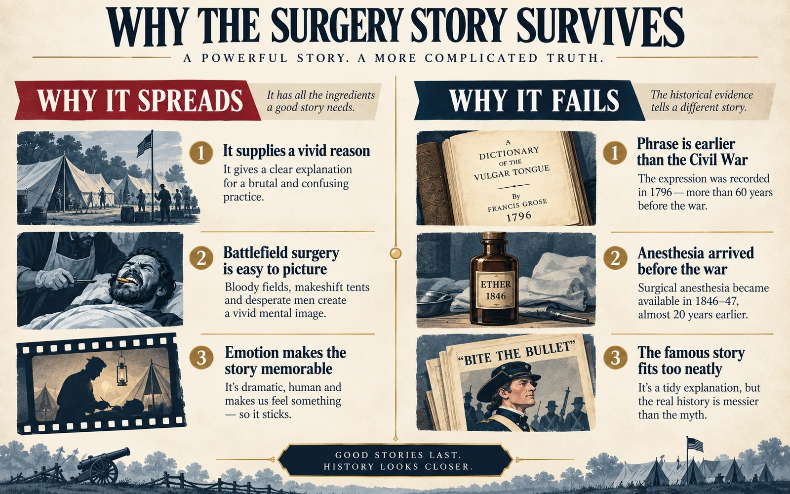 Infographic explaining why the Civil War surgery story spreads even though the historical dates contradict it, including its vividness and emotional appeal.
