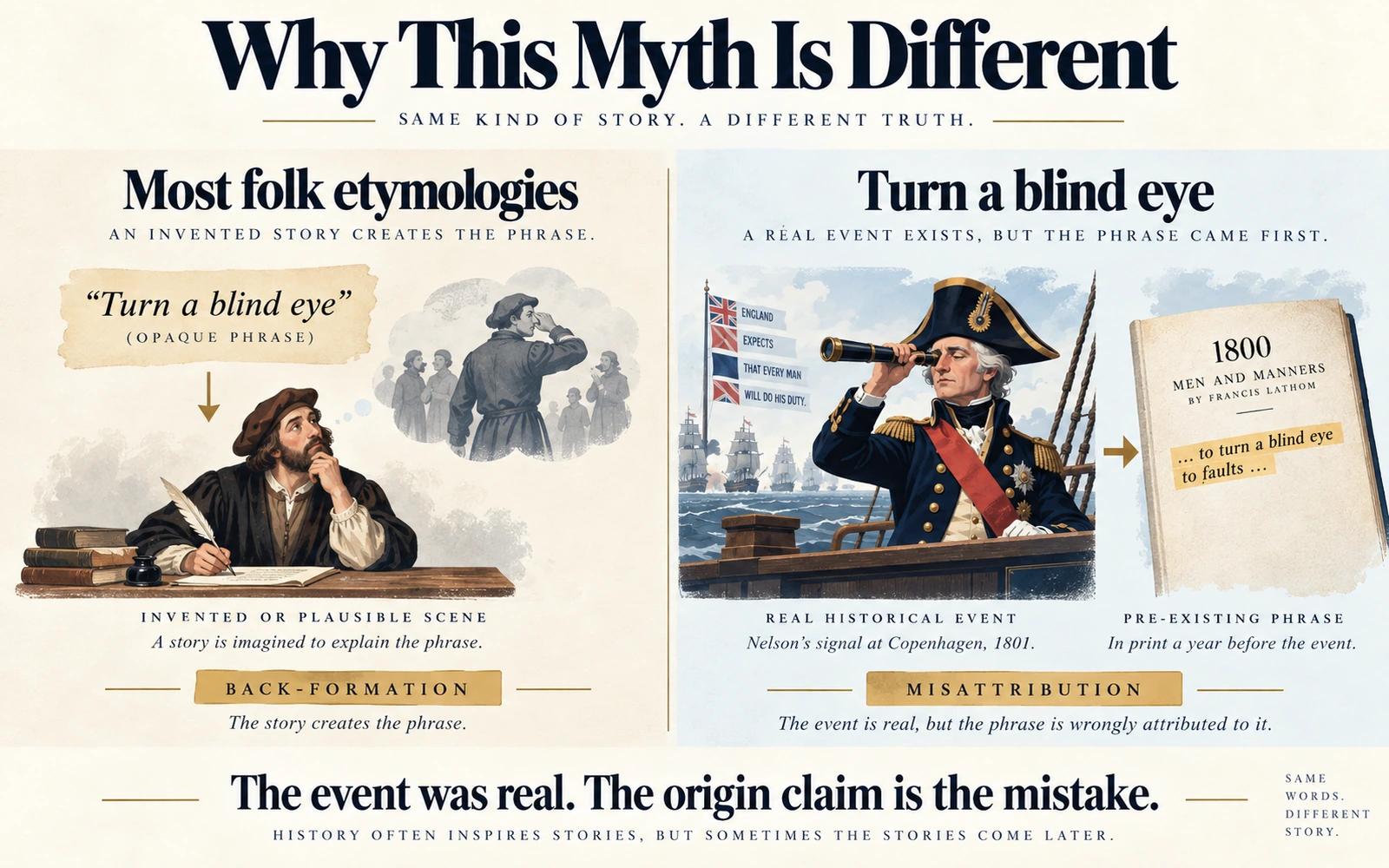 Comparison infographic showing ordinary folk etymology as an invented story and the Nelson case as a real historical event wrongly credited with creating an earlier phrase.