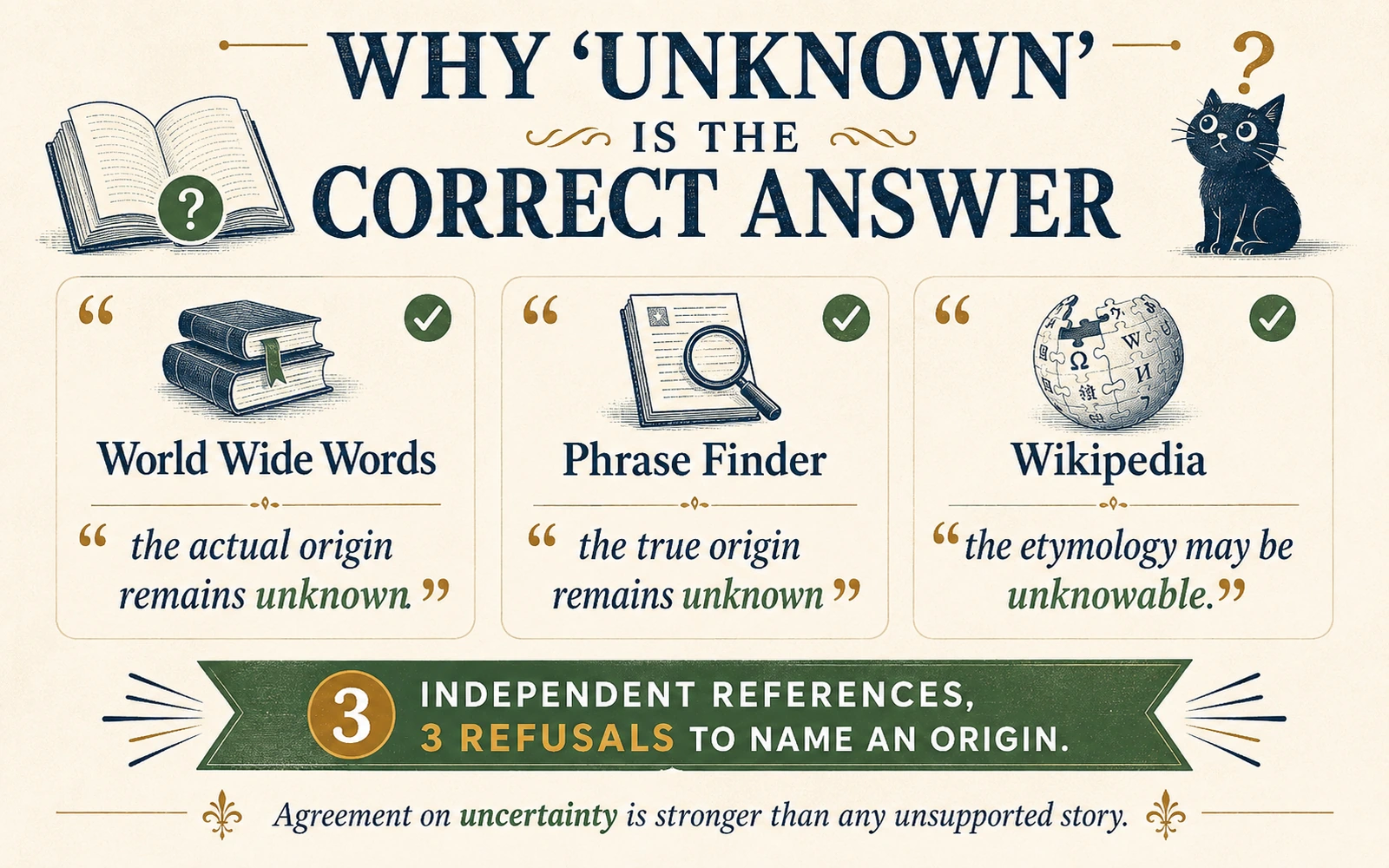 Three-reference infographic showing World Wide Words, Phrase Finder, and Wikipedia all refusing to name a settled origin for raining cats and dogs.